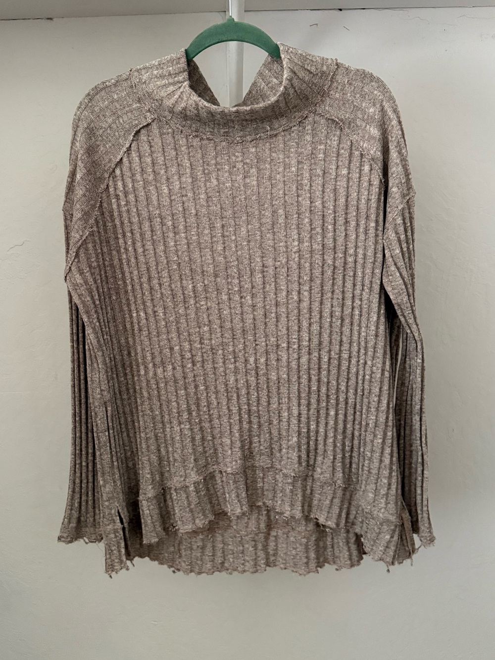 Free People Tan Lightweight Ribbed Raw-Edged Pullover